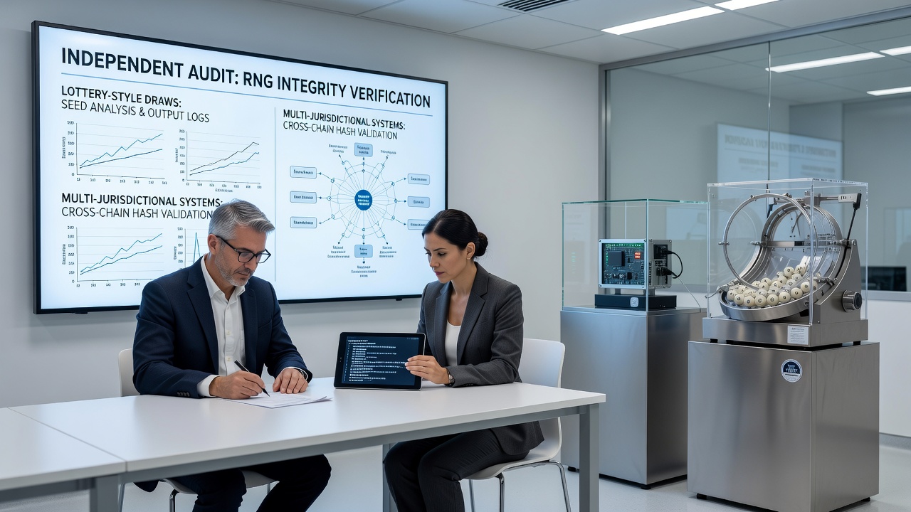 Auditors examining encrypted transaction logs and network security certificates during a compliance review