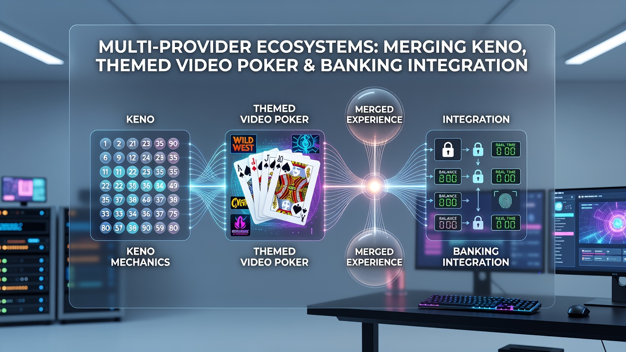 Cross-border player interface displaying keno selections merged with video poker gameplay and multi-currency banking dashboard