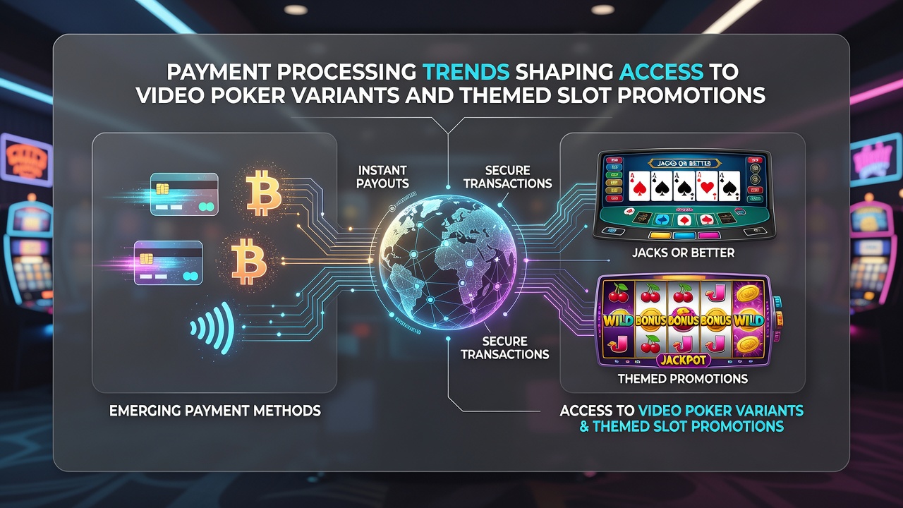 Cryptocurrency transaction flow connected to online slot and video poker gameplay screens