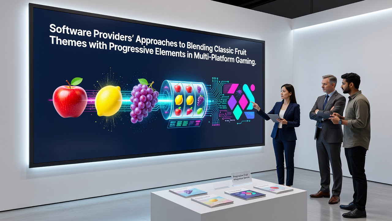 Progressive jackpot display integrated into a fruit-themed slot on multiple device screens